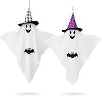 Kit 2 Fantasmas Decorativos Halloween com Chapéu de Bruxa – Enfeites Suspensos com Desenho de Morcego, Ideal para Jardim, Varanda, Festas e Decoração Assustadora