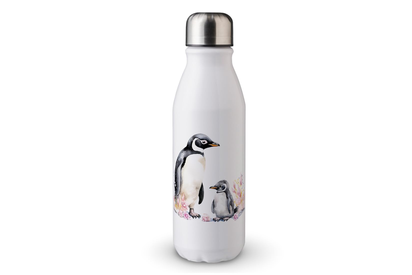 MAXIKIWI - Single Wall Water Drinking Bottle with Screw Cap, Non Insulated Lightweight Aluminium, BPA Free, Leak-Proof - Watercolor Mom Baby Penguin - 500ml