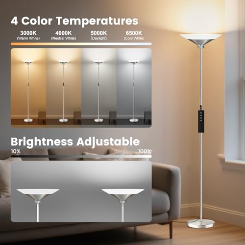 Image of SIBRILLE Metallic Silver Torchiere Floor Lamp - 30W Dimmable LED Standing Lamp with Remote /Button Control, 1800Lm, 3000-6500K, 72in Tall Bright Pole Light for Living Room Bedroom Office Corner