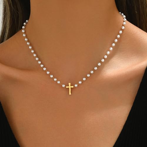 Cross Necklace for Women 18K Gold Plated Cross Pendant Necklace Dainty Sidways Cross Choker Necklaces Simple Small Cross Pearl Chain Trendy Faith Jewelry Gift2
