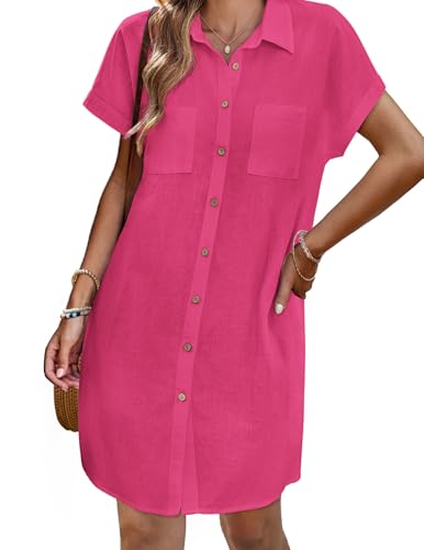 Image of Zeagoo Summer Dresses for Women 2026 Cotton Button Down Short Sleeve Tshirt Dresses Casual Mini Beach Dress