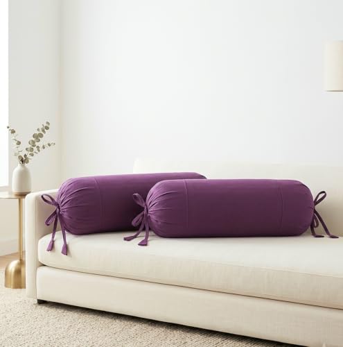 Image of SAJAVAT HOME Purple Bolster Pillow Covers Set of 2 | 32x15 Inch Round Side Cushions for Sofa, Bed & Diwan | Decorative Masnad Covers with Tie Closure