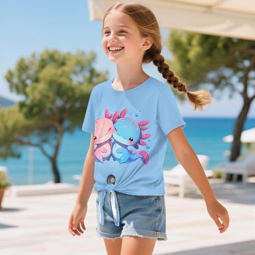 WELLFLYHOM Summer T Shirt for Girls 5-12 Short Sleeve Tee Top Front Knot Blouse Graphic Kids Teens Tunic Top3