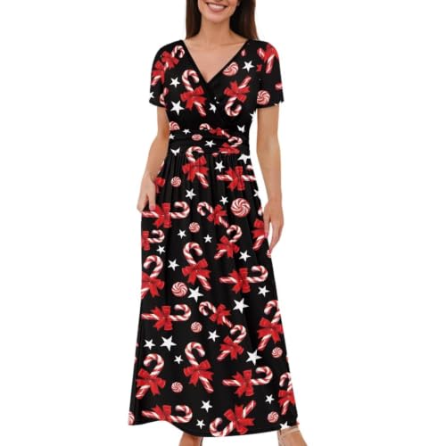 Image of Women's Fall Summer Short Sleeve Ankle Length V-Neck Party Dress with Pockets Size S-3XL