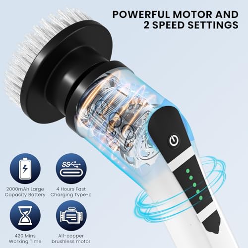 Cepillo Electrico Limpieza Hogar,Cepillo Limpieza Electrico con 9 Cabezales Reemplazables,Dos Velocidades Regulables,Mango Telescópico, Baño,Cocina y Automóvil - imagen 4