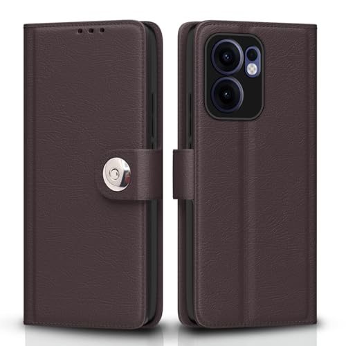 Image of Pikkme Flip Cover Leather Finish | Inside TPU with Card Pockets | Wallet Stand and Shock Proof | Complete Protection Button Flip Case for Oppo Reno 13F 5G(Coffee)
