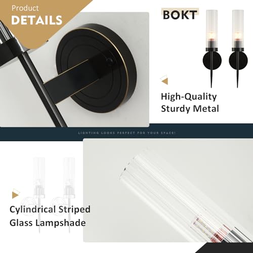 Image of BOKT Mid Century Modern Black Slim Wall Sconce Lighting Set of Two 1-Light Clear Cylinder Glass Sconces Wall Lighting Set of 2 Minimalist Single Bathroom Vanity Light Fixture