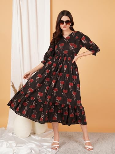 Image of COTLAND Fashions Jaipuri Cotton Printed A-Line Flared Dress for Women