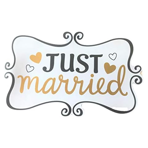 Elegant Blooms & Things Just Married Car Magnet 12 x 7.5, White, Black & Metallic Gold Script, Door Panel, Tailgate, Honeymoon Cover