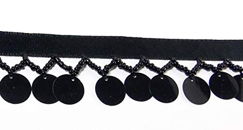5 Yards Hanging Beaded Fringes- Black Round Sequins Paillettes Charms with Glass Seed Beads On Satin Ribbon Tape for Sewing Quilting Renaissance Dance Hawaiian Bridal Costumes Drapery Decor