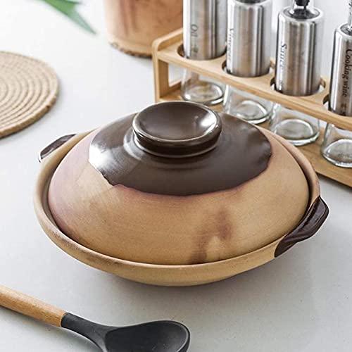 KOMFGT Earthen Donabe - Cacerola de arcilla para guisos, sopa, olla de sopa, olla caliente, olla aislada con tapa, cacerola de cerámica plana no pegajosa, 0,65 L (A 1,2 L)