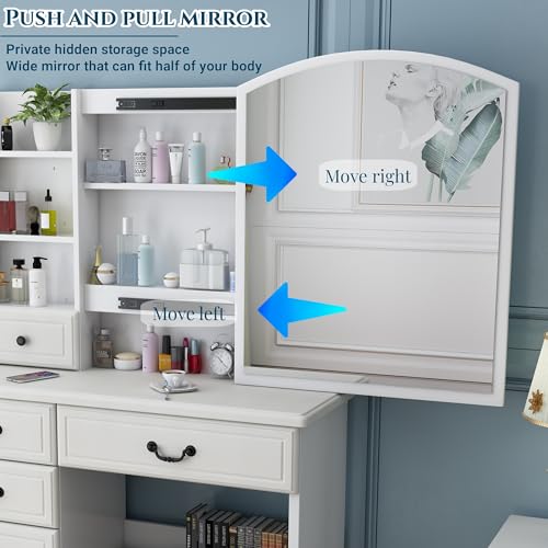 Makeup Vanity Desk with Mirror and Lights, White Vanity Table Set with 6 Drawers & Sliding Mirror & Storage Shelves & Stool, 3 Lighting Modes Brightness Adjustable, Vanity Set Dressing Table