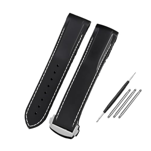 WUWMTUTCK Silicone Rubber Watch Strap 20mm 21mm 22mm Waterproof Orange Blue Men Watchband Fit For Omega Fit For Seamaster Diver 300m Fit For Planet Ocean 600m(Black white-Silver,20mm)