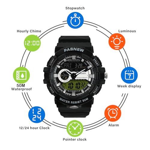 Image of PASNEW Boys' Watches - Dual Display, Large Dial Sport Watch, Black Outdoor Watch for Boys & Teens - Waterproof