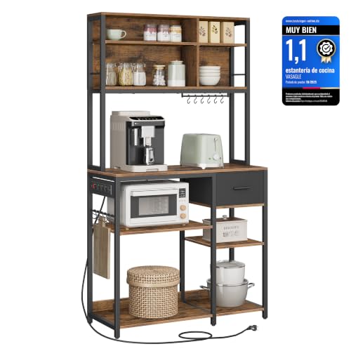 VASAGLE Estantería de Cocina con Multienchufe, Armario de Cocina, 40 x 100 x 180,4 cm, Estante de Microondas, Cajón de Tela, 12 Ganchos, Marrón Rústico y Negro Tinta KKS027K02