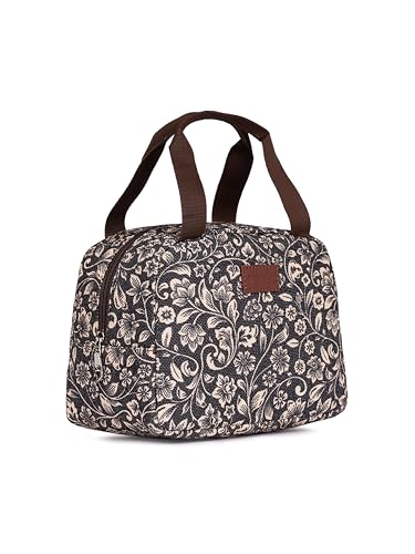 Image of ZOUK FloMotif Floral Printed Jute Black Insulated Lunch Tiffin Storage Picnic Tiffin Storage Picnic Bag