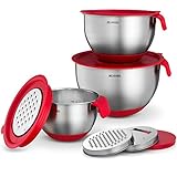 Stainless Steel Mixing Bowls with Lids - Nesting Bowls with Graters, Handle, Pour Spout, Airtight Lids - Non-Slip Mixing Bowl Set for Cooking, Baking, Prepping, Food Storage (Set Of 3)