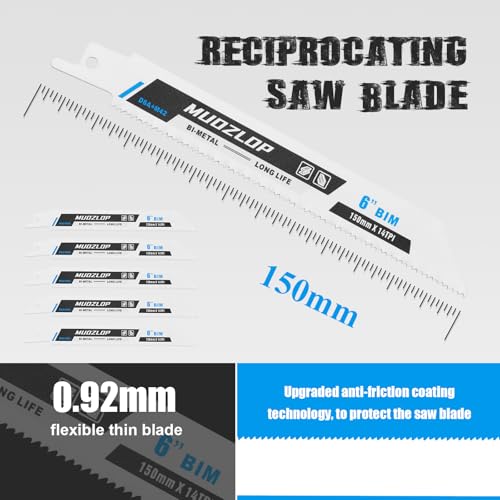 Image of 5 Pack 6 inch Reciprocating Saw Blades Set, 14TPI High Carbon Saw Blades, Metal Saw Blades with Organizer Case (5, 14TPI /6 inch)