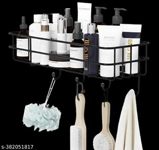 Image of Black Wall Shelf for Bathroom with 4 Hooks, Self Adhesive Wall Storage Organizer, Wall Mount Bathroom Shelf Rust Free