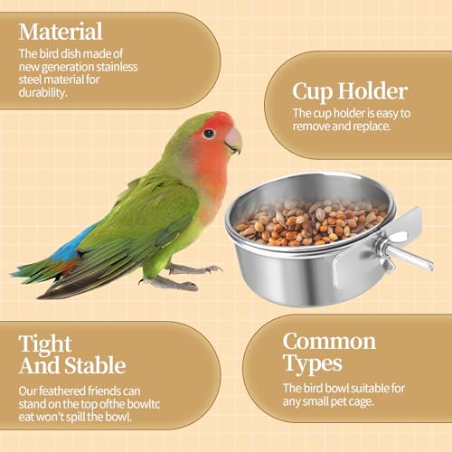 Bird Cage Feeder, Bird Feeder for Cage, 10oz Stainless Steel Food Water Bowl with Clamp, Clip-On Cage Coop Cup for Parrot Hamster Rabbit Rat Small Animals - Thumbnail 4