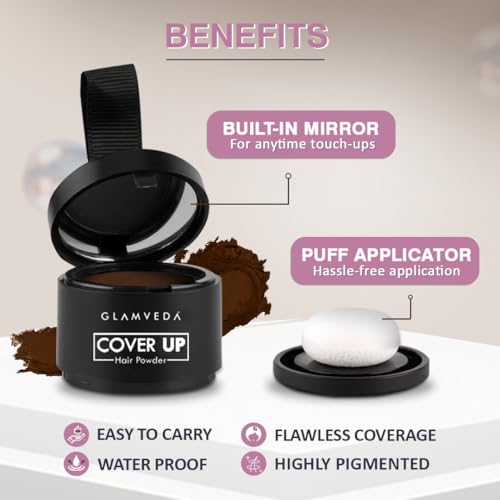 Image of Glamveda Cover-Up Hair Powder Brown 4gm (Pack of 2) | Covers Hairline Grey Roots & Bald Spots Instantly | Highly Pigmented, Fuller & Denser Look | Matte Finish | Long-Lasting | Flawless Application