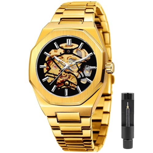Image of Tiong Fashion Automatic Watches Mechanical Wrist Watch Golden for Mens Skeleton Watches with Stainless Steel Transparent Dial