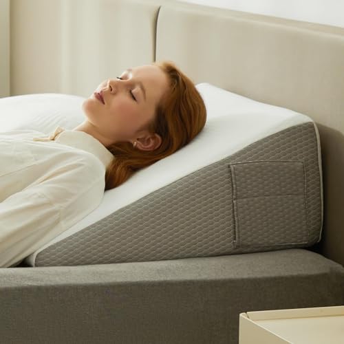 Wedge Pillow for Sleeping, 10 inch Bed Wedge Pillow, Elevated Body Pillow for Back Support, Acid Reflux, Leg, Neck Pain, Snoring, Triangle Pillow Wedge – Cooling Memory Foam Top, White/Grey