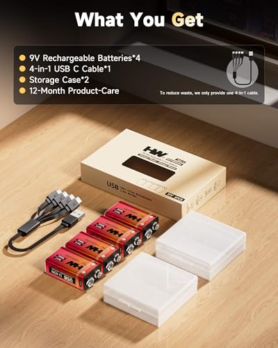HW 9V Batteries 1400mAh 4 Pack, USB-C Lithium for Smoke Detectors - image 7