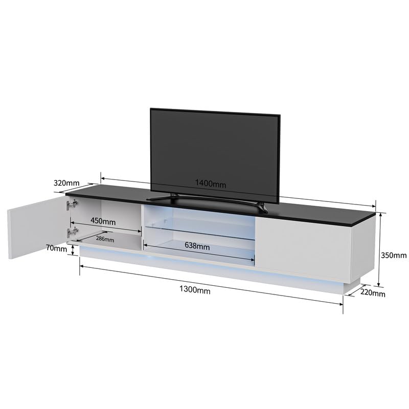Szafka pod telewizor z oświetleniem LED, drewniany stolik telewizyjny z 2 drzwiami i szklanymi półkami, ławka telewizyjna 160 cm, konsola TV, szafka telewizyjna, szafka pod telewizor 55-65