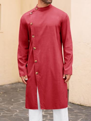 Runcati Mens Kaftan Thobe Button Down Long Sleeve Robe Casual Henley Shirt Cotton Muslim Gown Kurta Tops2