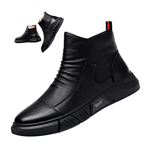 Keilinia Men Black Italian High-top Casual Leather Boots,2022 Fall New Round Toe Waterproof Non-slip Shock-absorbing Booties2