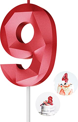 Number Birthday Candles(9 Candle Red) 3D Diamond Shape Number Happy Birthday Cake Candles for Birthday Party Wedding Decoration Reunions Theme Party