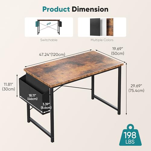 Image of OLIXIS Computer Desk, 47 Inch Gaming Desks for Home Office Small Spaces | Writing Study Craft Work Table, Computer Workstation for Bedroom with Storage Bag, Rustic Brown