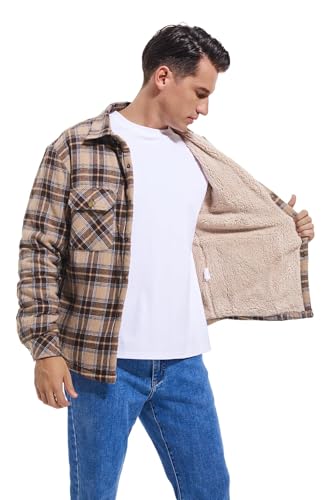 Image of Men's Sherpa Cotton Flannel Shirt Jacket Plaid Button Coat Pocket
