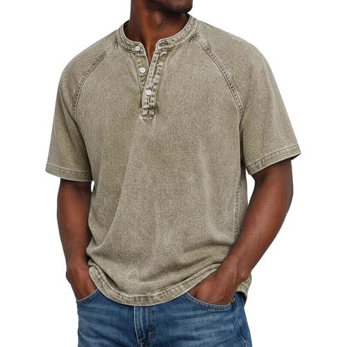 Camisa retro Henley para hombre, manga corta, desgastada, casual, diseño ligero con bolsillos para un uso diario cómodo, caqui, 4XL