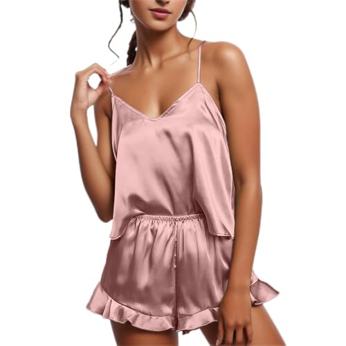 Pijamas de satén de algodón 100 con volantes, conjuntos de pantalones cortos, pijamas de satén, conjunto de pijama de noche, conjunto de pijama a juego y pantuflas para niñas, rosa, 3XL