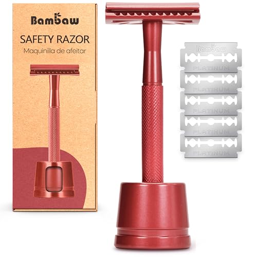 Image of Bambaw Double Edge Safety Razor with Stand, Safety Shaving Razor with 5 Double Edge Safety Razor Blades, Eco-Friendly Razor for Shaving - Red