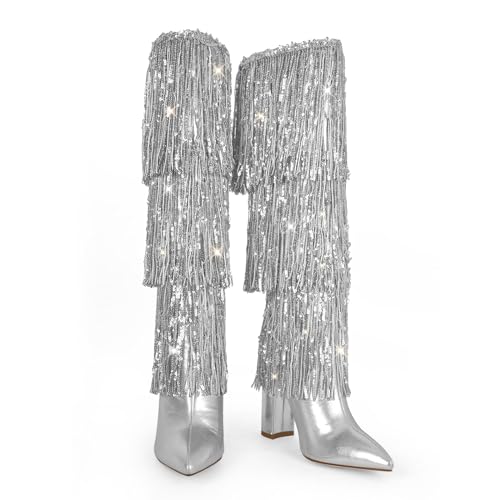 VERISSON Point Toe High Heeled Rinestones Tassels Boots with Glitter Fringe4