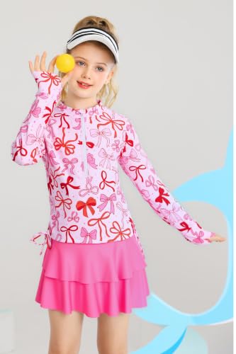 Image of Vogseek 3-12T Girls Swimsuit Long Sleeve Rashguard Bathing Suits Swim Set | Quick Dry, UPF 50+ Sun Protection, Swimming Skirt, Boyshorts, Zipper Two Piece Long Sleeve Swimsuits, Adjustable Drawstring
