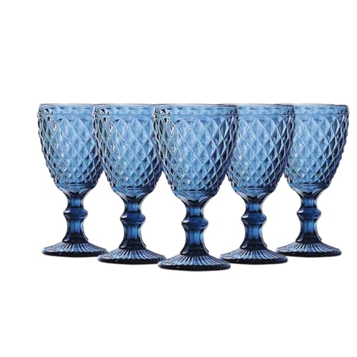Set 5 Copas Azules elegante de Cristal, Juego de Copa para Agua Vino Refresco Cerveza, Cristaleria Azul, Copa Moderna de...