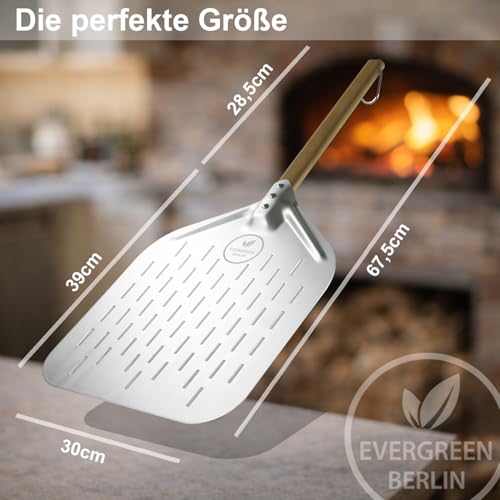 EVERGREEN BERLIN - Pizzaschieber - DAS ORIGINAL - Pizzaschieber perforiert - Pizzaheber aus Alu und Buchenholz - Pizzaschaufel perforiert für Pizza Passion - Pizzawender - Pizza Schieber - Pizza Peel 3