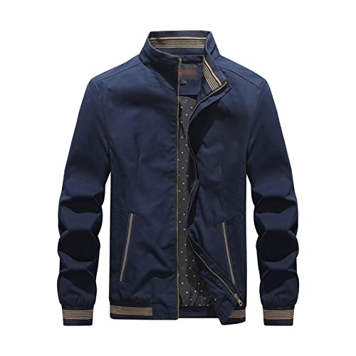 Maiyifu-GJ Men's Casual Zipper Stand Collar Jacket Lightweight Cotton Full Zip Coat Slim Fit Vintage Winter Warm Jackets (Blue,XX-Large)