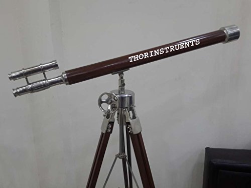 Nautical Double Barrel Brass Telescope Marine with Brown Wooden Tripod Stand Rustic Vintage Home Decor Gifts