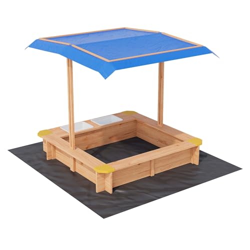 Wood Sandbox with Canopy, Outdoor Play Area with Side Buckets and Drainage Liner for Kids Ages 1-3, Sand Pit with Cover Bottom Liner for Backyard Garden Beach