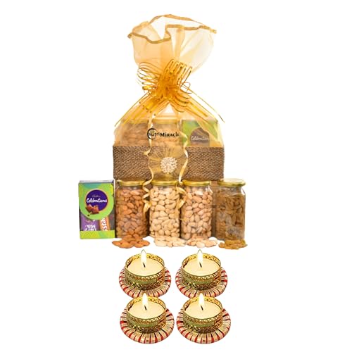 Image of NUTRI MIRACLE Diwali Gift Hamper with Diya for Office Staff | Dry Fruits Gift Pack with Greeting Card