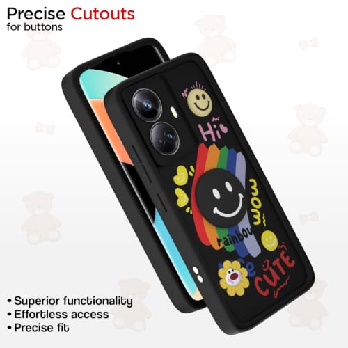 Image of Pikkme Back Cover for Realme 10 Pro Plus 5G | Soft Silicone| Cute Rainbow Smile & 3D Cartoon Flower Design | Shockproof Raised Camera Protection Bumper Case (Black)