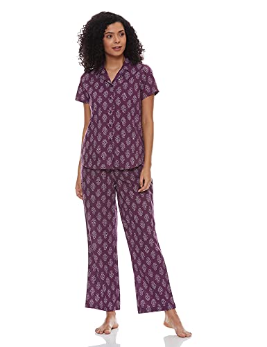 Image of Amazon Brand - Myx Women Cotton Shirt and Relaxed Pajama Set Night Suit Set (Available in Plus Sizes)