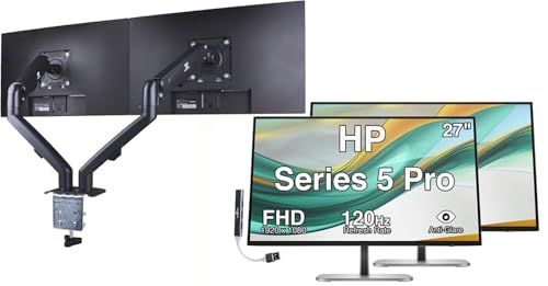Image of HP Series 5 Pro 27 inch FHD IPS Monitor with 120 Hz 350 Nits, 5ms, Anti-Glare, Flicker Free, VESA Mount (100mm), Adjustable Height, Swivel, Pivot, 2 Pack w /DKZ Hub & ErgoFlexy Dual Mount Arms
