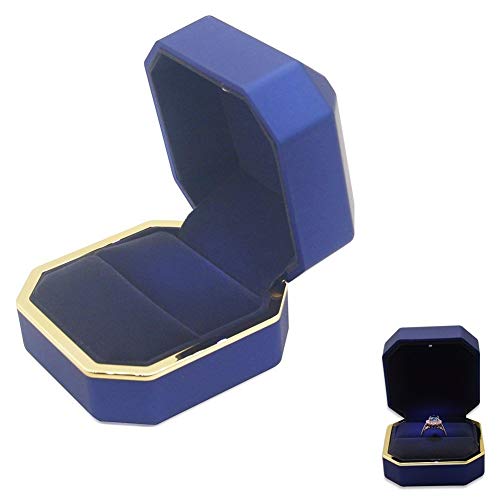 Image of Luxury Ring Box, Square Velvet Wedding Ring Case Jewelry Gift Box with LED Light for Proposal Engagement Wedding, Blue