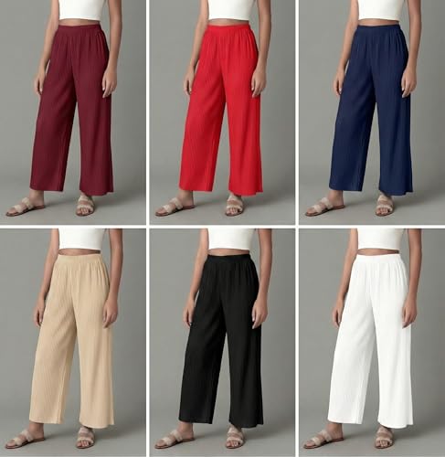 Image of Set of Combo Trouser and Pants for Girls and Women's Relaxed Fit Stretchable Regular Fit Palazzos Lightweight Elastic Waistband Bottoms for Daliy Office & Casual Wear